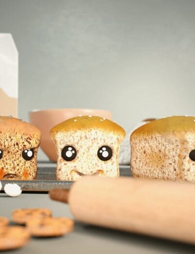 Three cute toon bread characters on a Daz baking tray with rolling pin, eggs, and cookies.