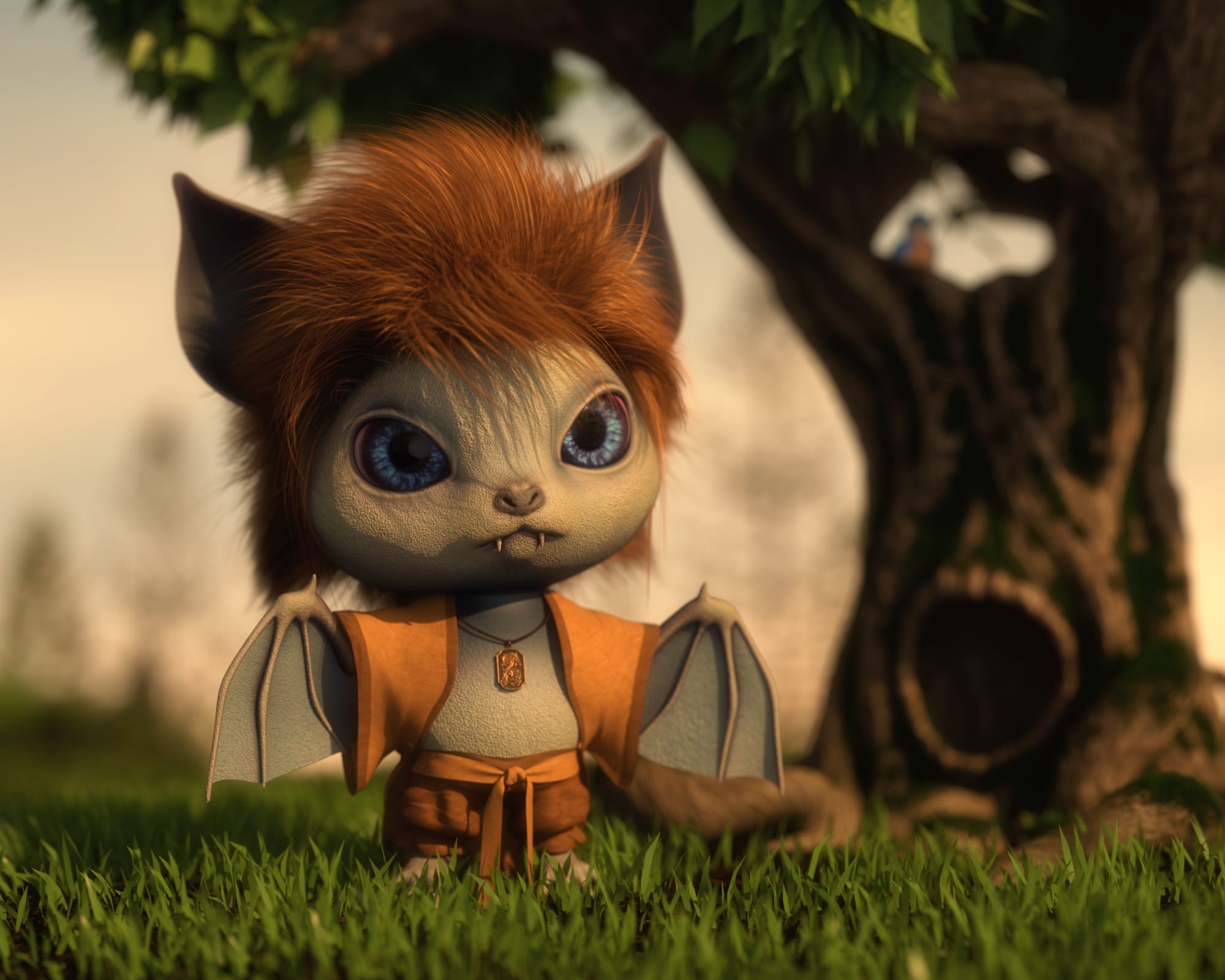 Cute Daz bat creature in a Christmas forest environment beside a hollow tree