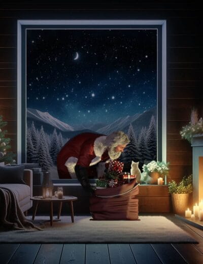DAZ Christmas backdrop with Santa arranging gifts beside snowy mountains under a crescent moon.