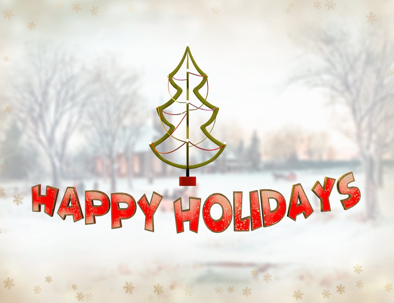 Daz Christmas tree freebie card with colorful garlands and bold Happy Holidays lettering.