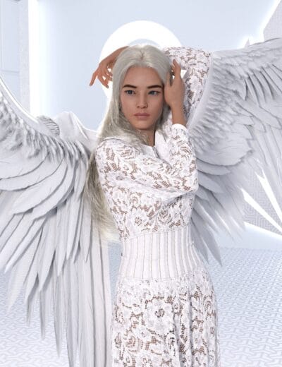 Daz Genesis 8 angel in elegant white lace outfit with feathered wings and glowing halo