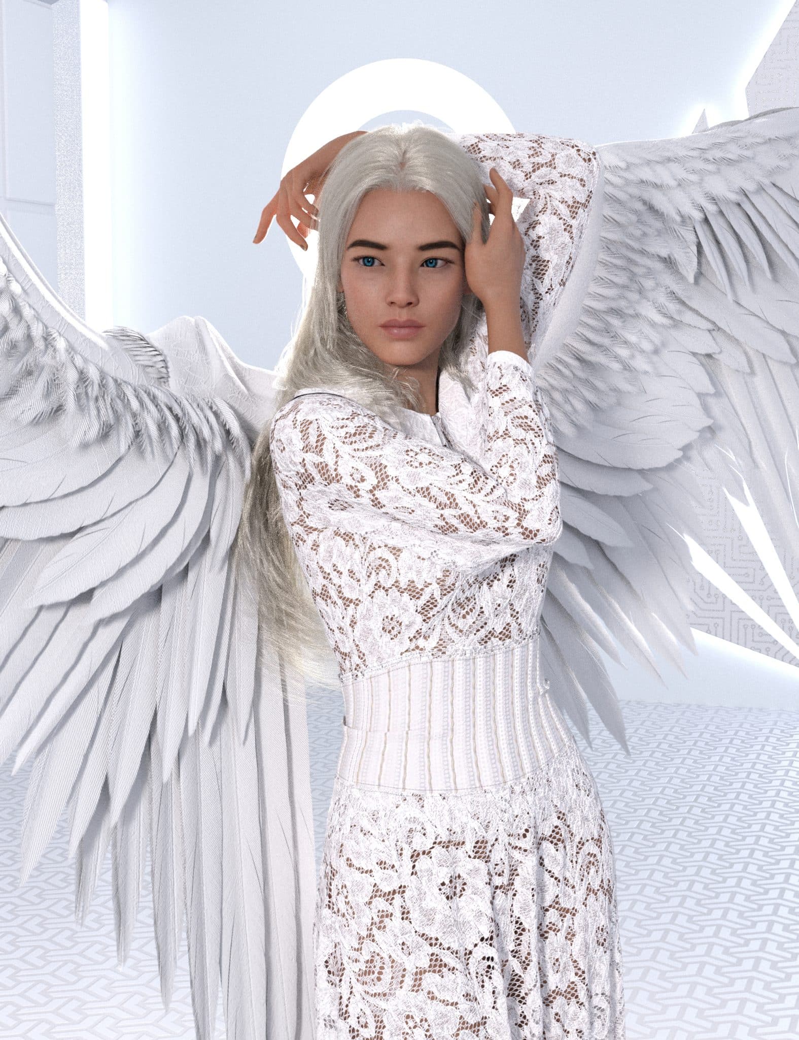 Daz Genesis 8 angel in elegant white lace outfit with feathered wings and glowing halo