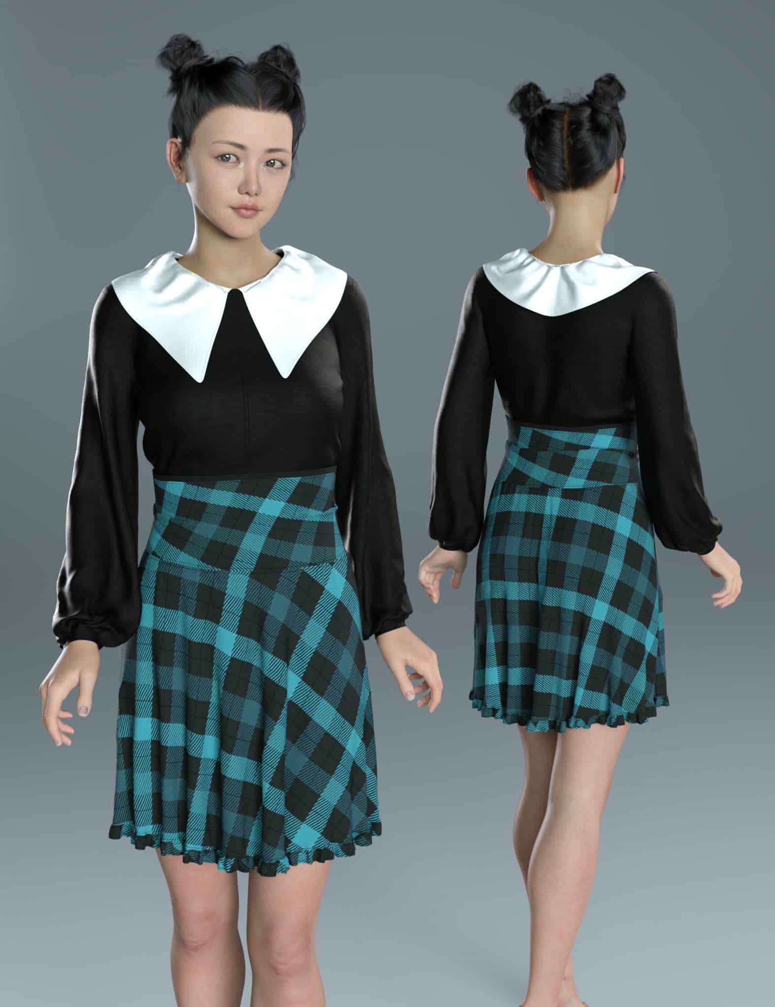 Daz Genesis 8 model in black sailor blouse and teal plaid skirt, front and back views.
