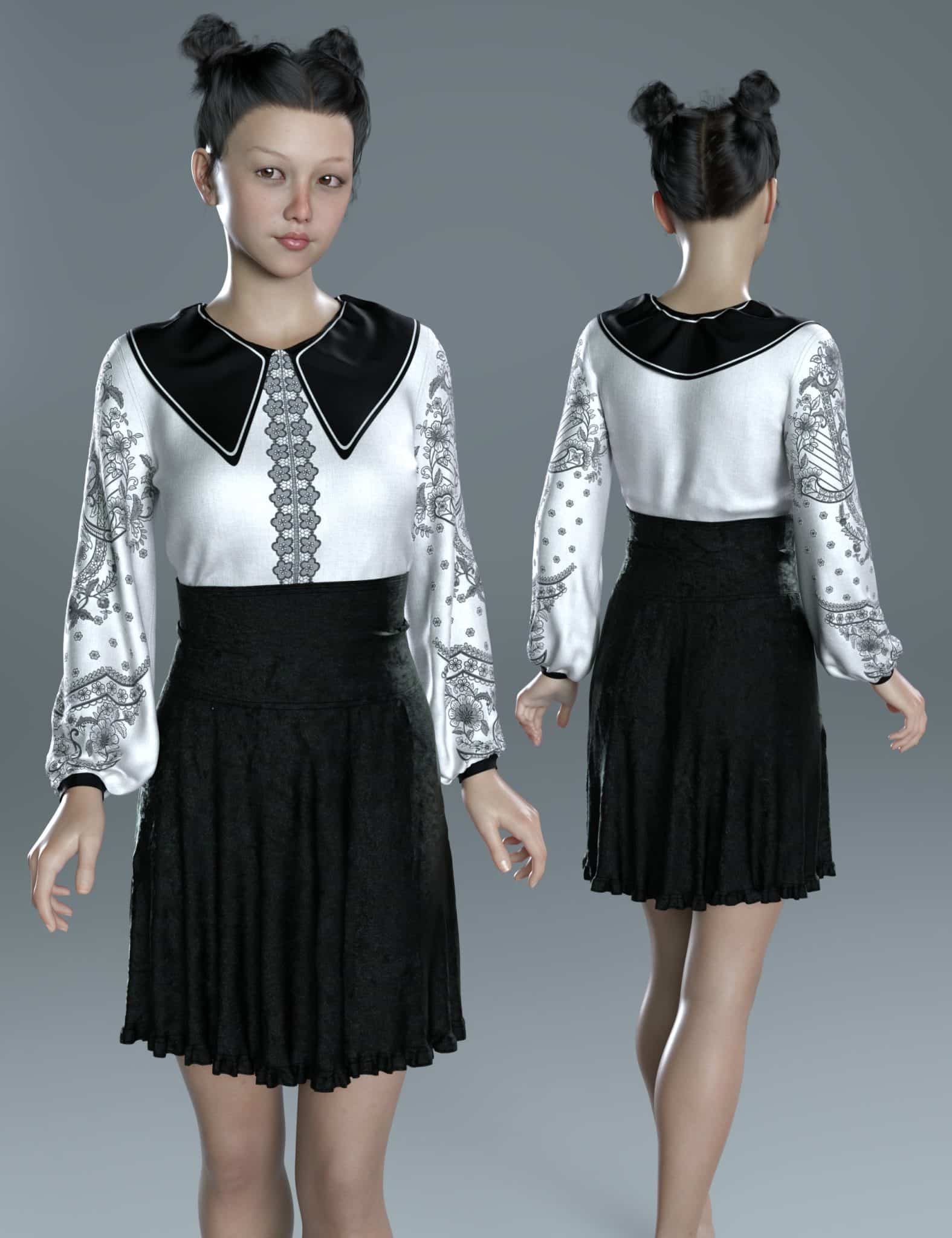 Front and back views of DAZ Genesis 8 model in a black-and-white fashion outfit.