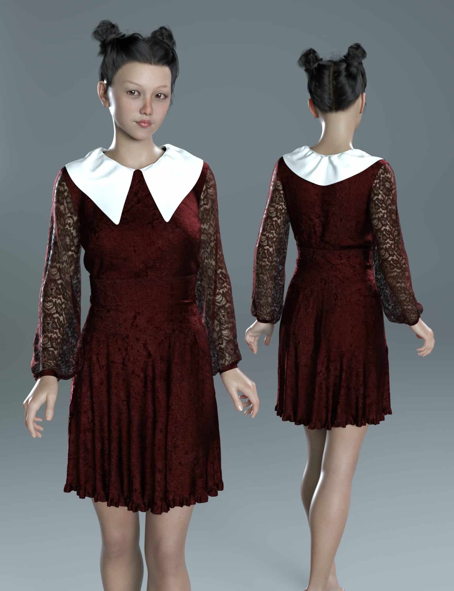 DAZ Genesis 8 model wearing a burgundy gothic dress, shown front and back.