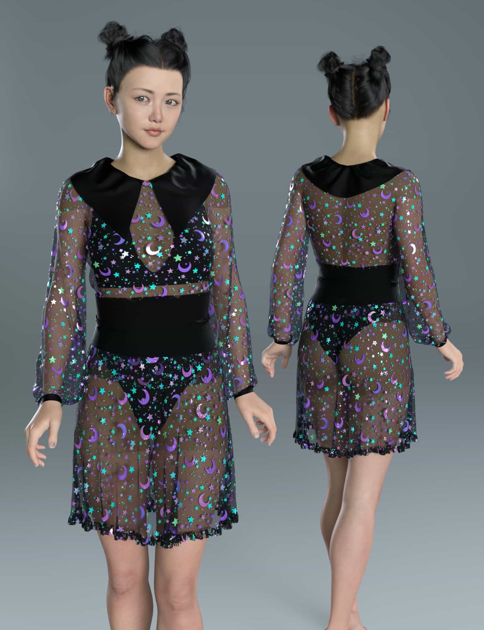 DAZ Genesis 8 model showing front and back views of a sheer celestial dress outfit.