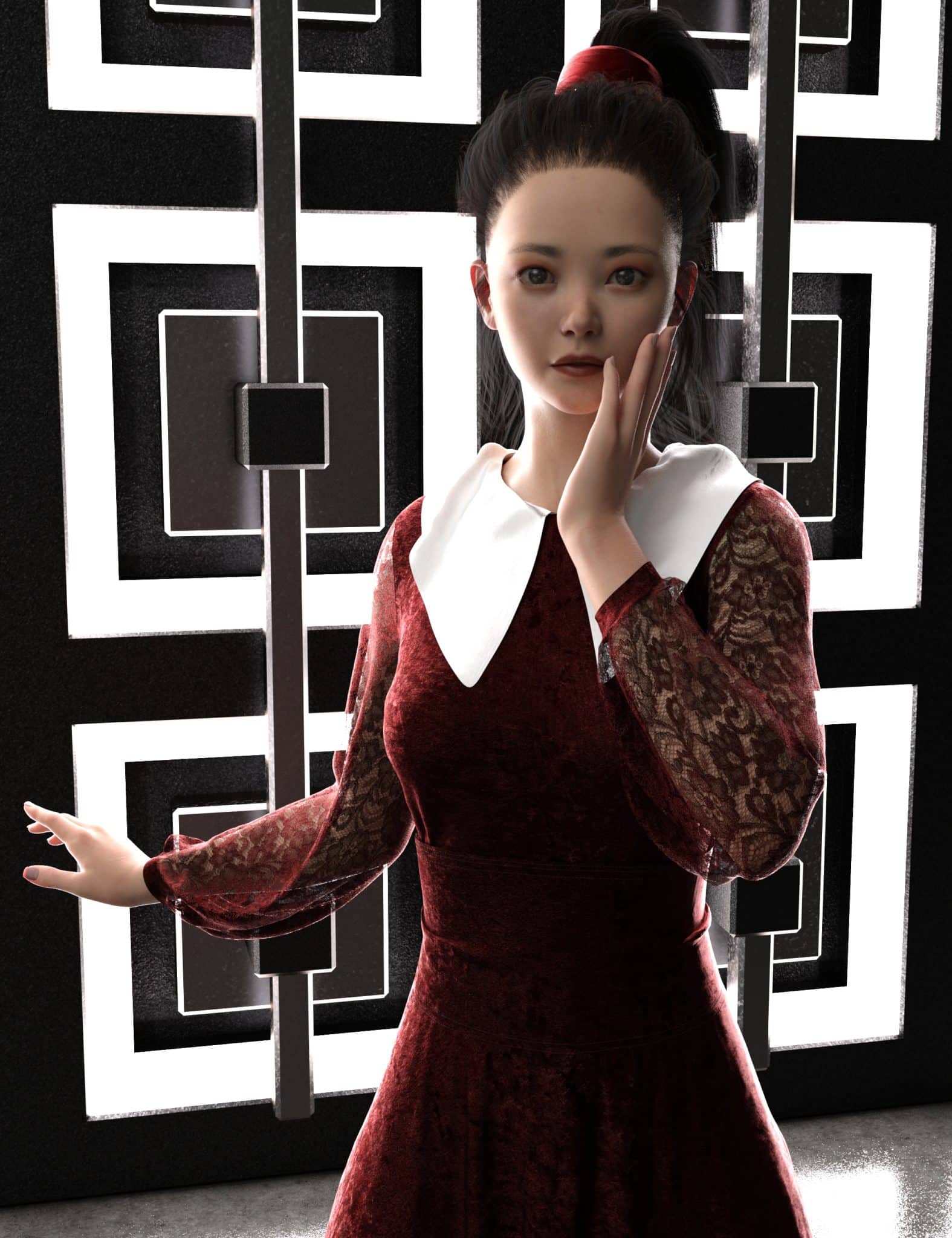 DAZ Genesis 8 woman in a burgundy lace outfit posing against a geometric backdrop.