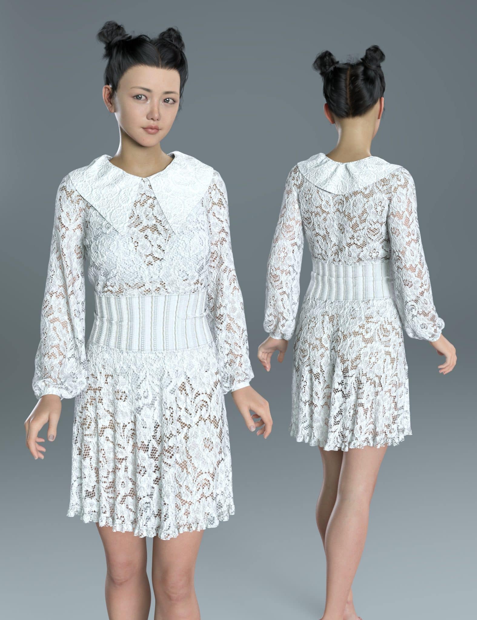 DAZ Genesis 8 model in white lace dress outfit, shown from front and back.