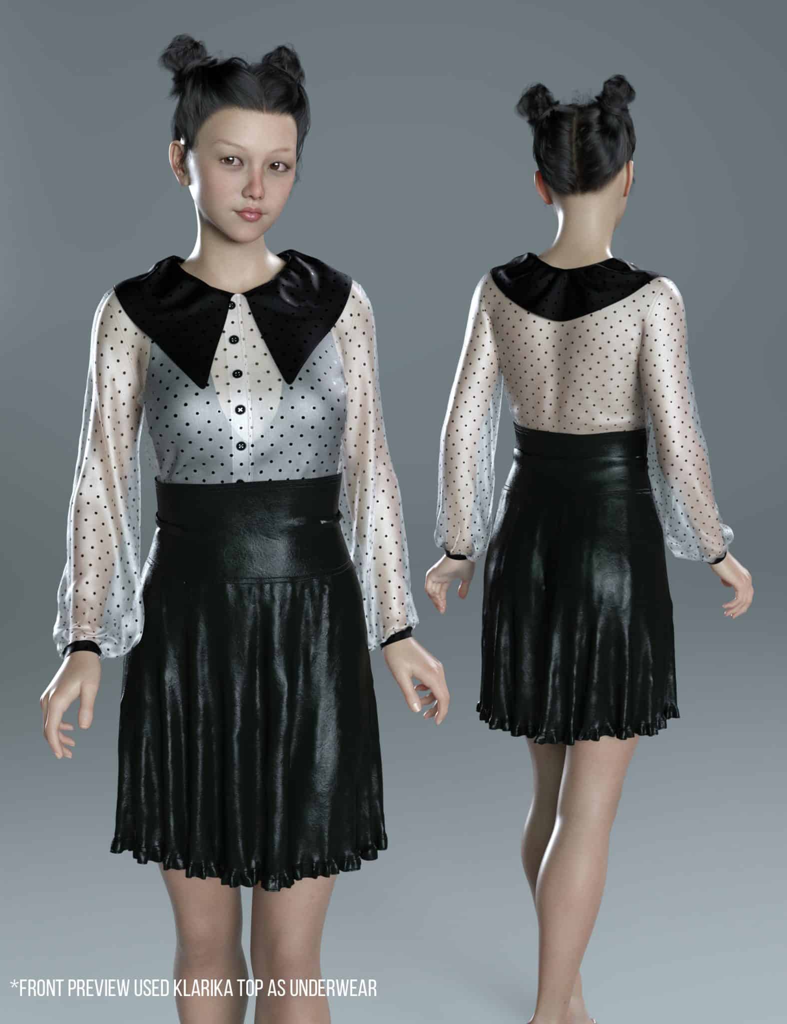 DAZ Genesis 8 polka-dot blouse and glossy black skirt, front and back views.