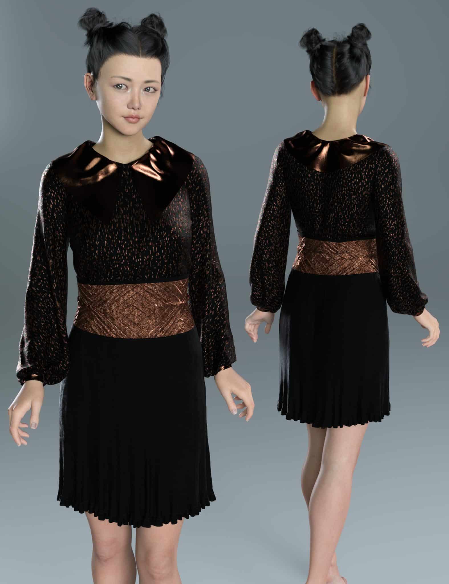 Daz Genesis 8 model wearing black Pityu outfit in front and back views.