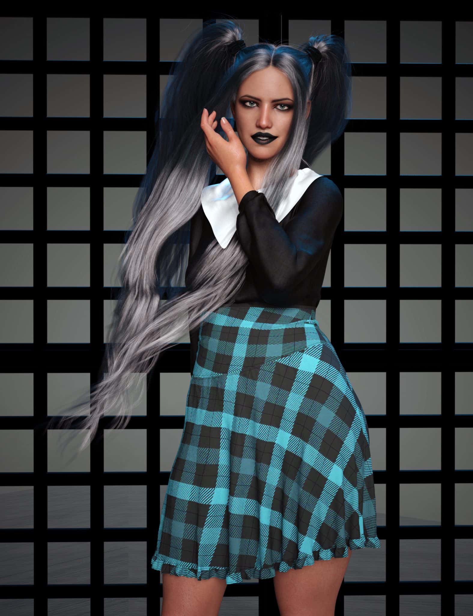 Daz Genesis 8 woman in gothic outfit, turquoise plaid skirt, and silver pigtails.