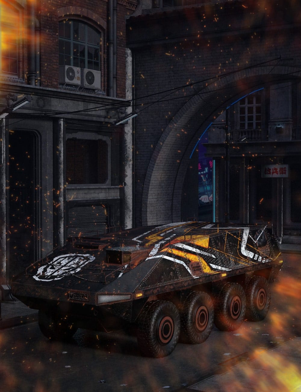 DAZ 3D Skullforge six-wheeled APC in a dark industrial alley with glowing sparks.