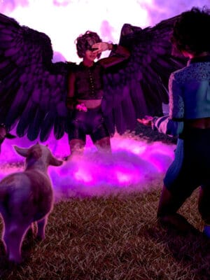 Daz Studio dark angel outfit scene with wings, kneeling figure, and purple mist
