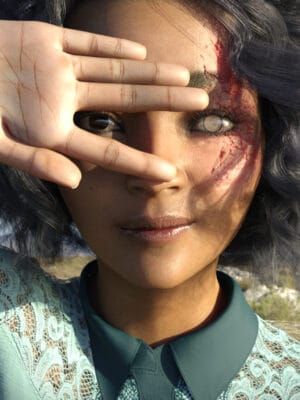 Daz Studio Genesis 9 Imola teal lace outfit portrait with scarred eye