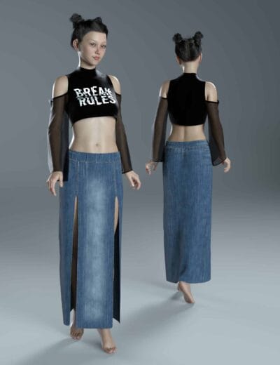 dForce Ilonka Denim Skirt Outfit Front and Back Front and back views of dForce Ilonka denim skirt outfit for Genesis 8 Female.