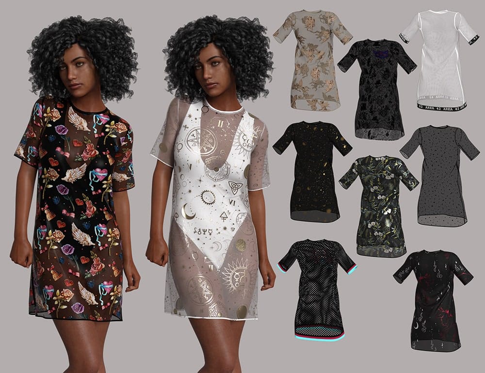Genesis 8 Female models showcase dForce Klarika dresses and patterned DAZ Studio outfits.