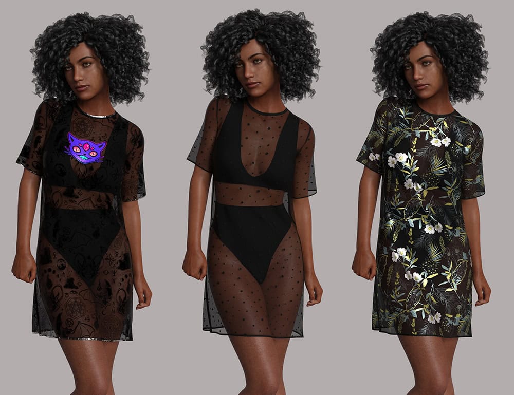 Three Genesis 8 Female models showcase dForce Klarika dresses and sheer outfits in DAZ Studio.