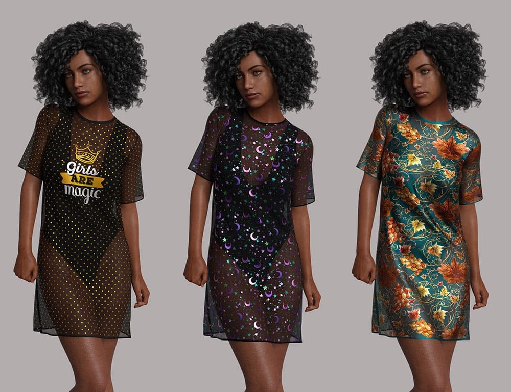 Three Genesis 8 Female models showcase dForce Klarika outfit styles for DAZ Studio.