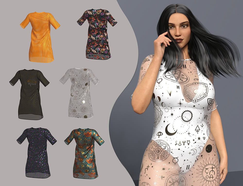 Daz Studio Genesis 8 Female wearing Klarika outfit beside five colorful dress variations.
