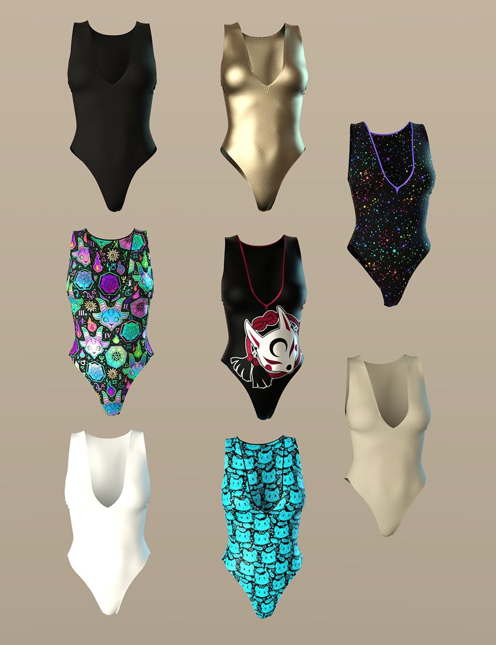 Eight Daz Studio Genesis 8 Female one-piece swimsuits in solid, metallic, glitter, and patterned designs.