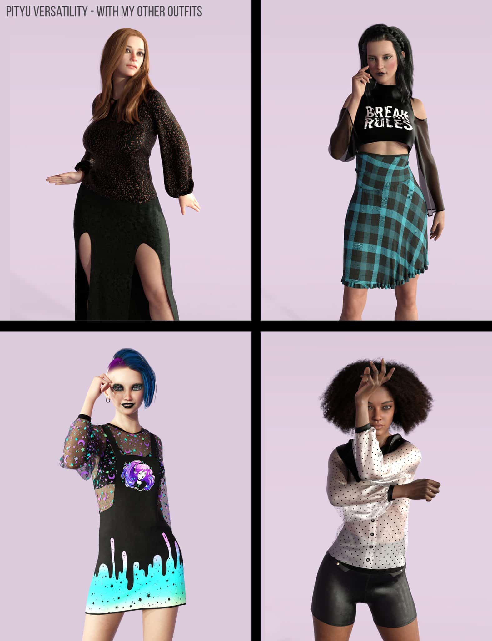 DAZ Genesis 8 women showcase the versatile Pityu outfit in four distinctive fashion styles.