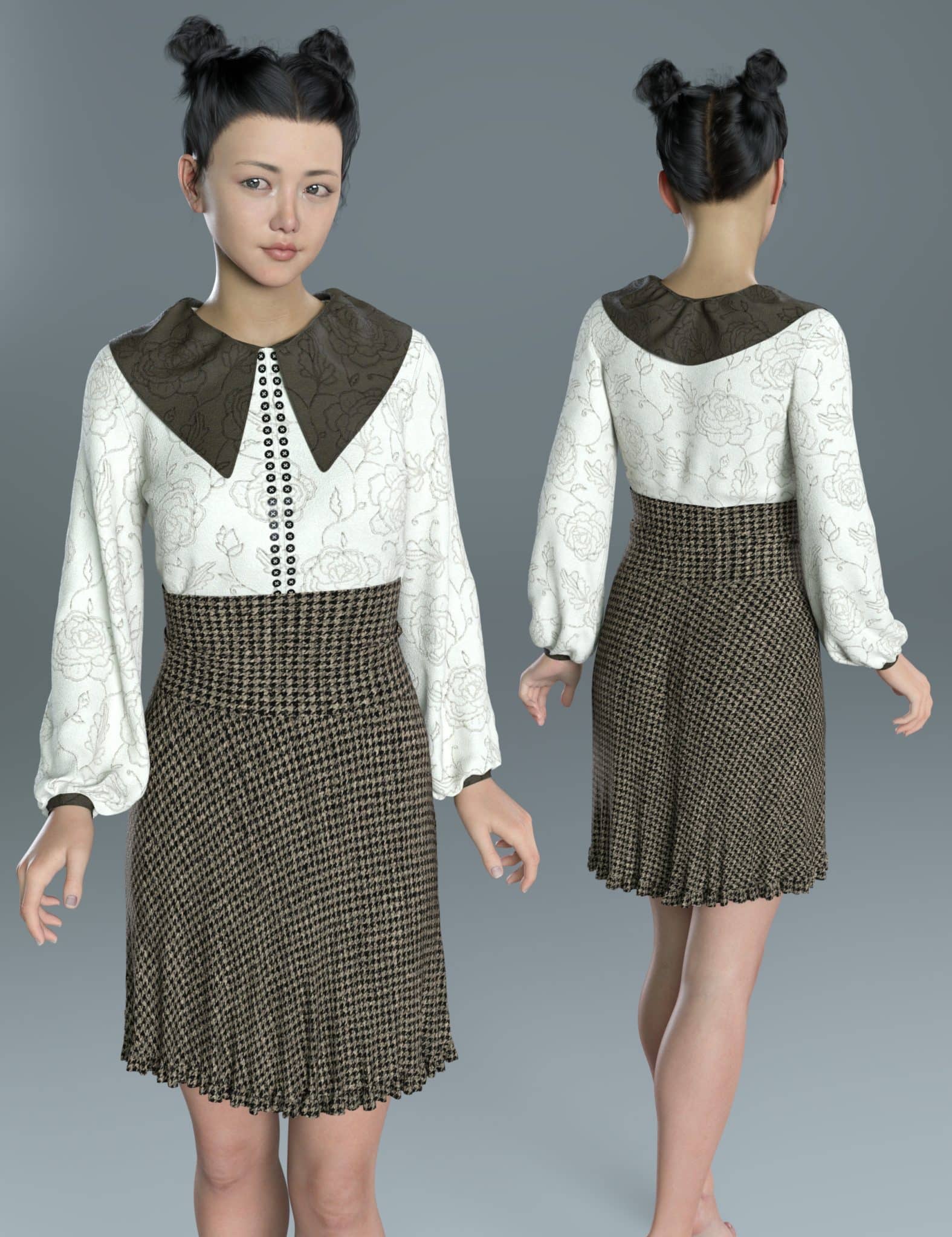 Daz Genesis 8 female modeling vintage floral blouse and checked skirt, front and back views.