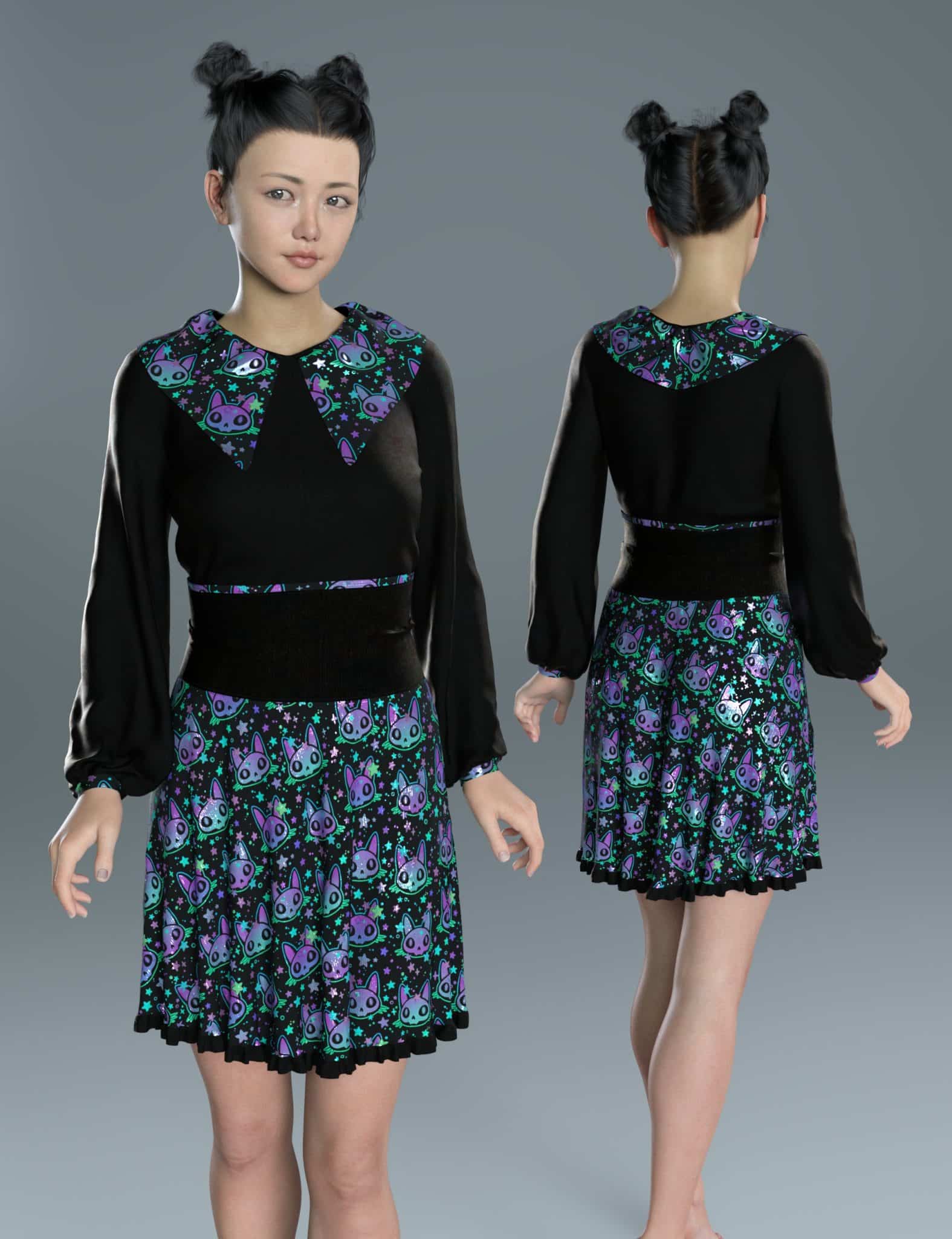 Front and back views of Daz Genesis 8 female in a colorful Pityu outfit.