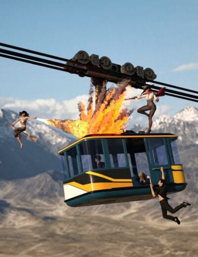 People escape an exploding cable car above a rugged alpine valley.