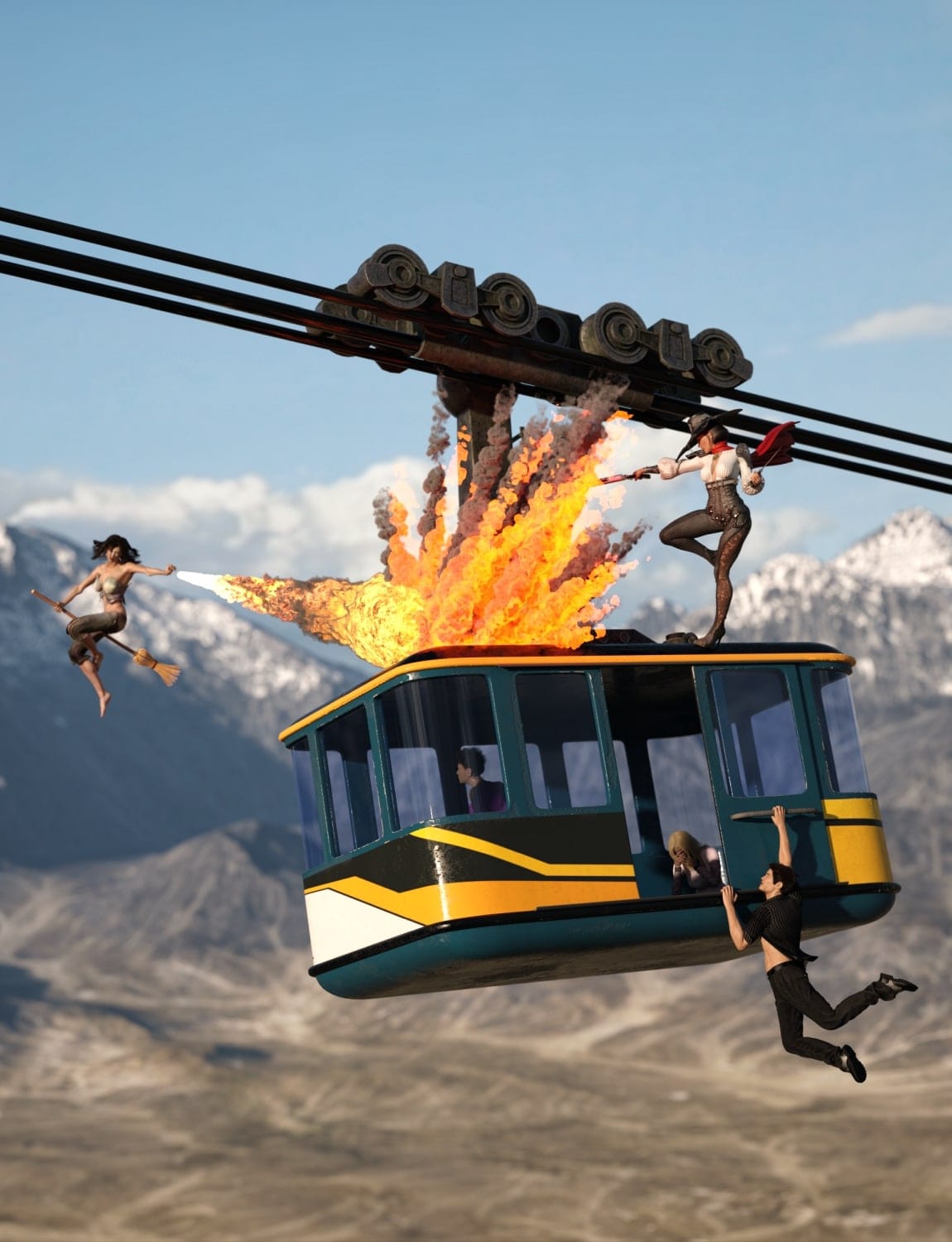 Cable Car 1 People escape an exploding cable car above a rugged alpine valley.