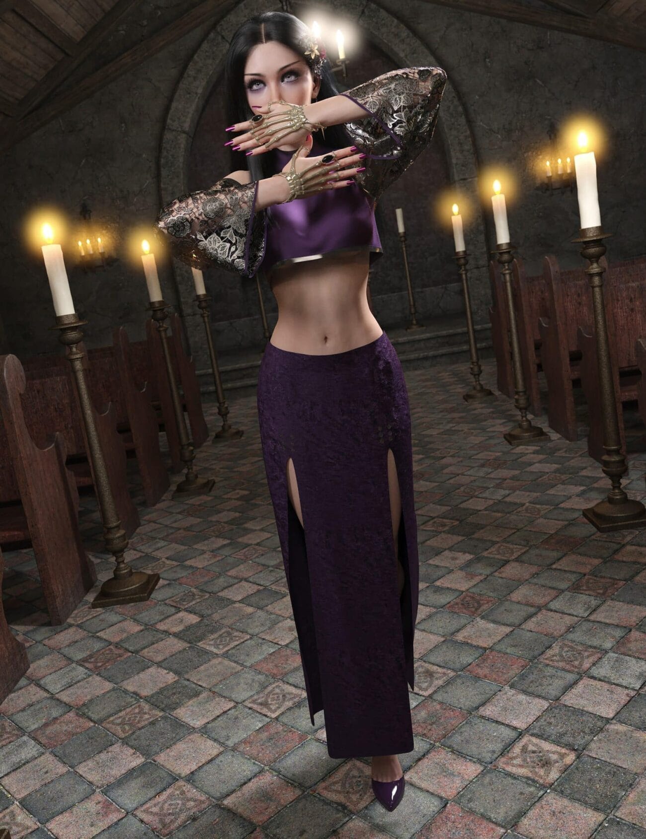Gothic woman in an ornate purple dress poses inside a candlelit stone chapel.