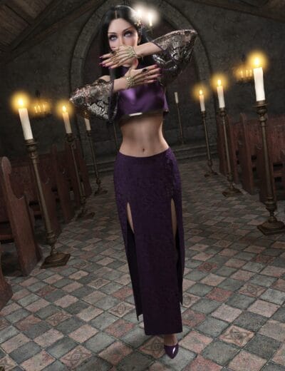 Gothic woman in an ornate purple dress poses inside a candlelit stone chapel.