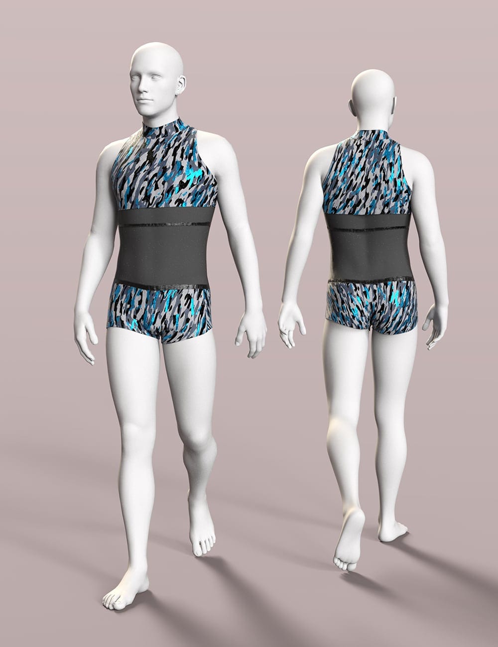 Front and back views of Genesis 8 male turquoise athletic outfit on white mannequins.