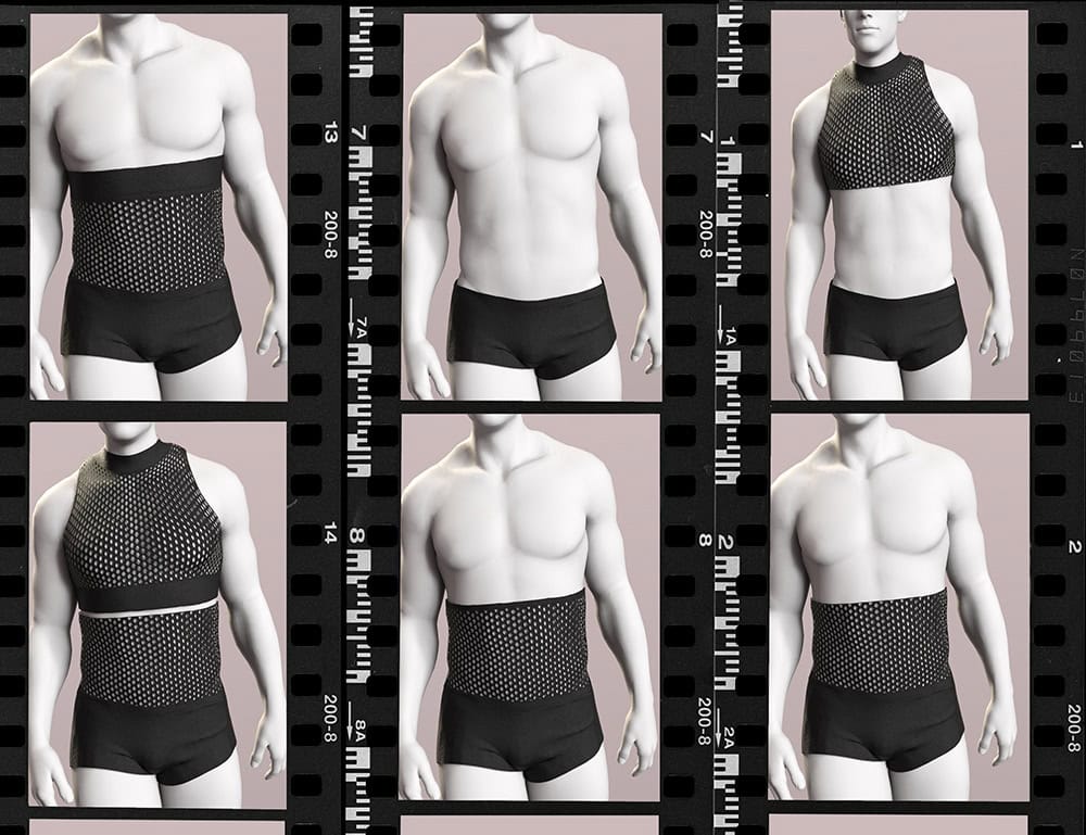 Genesis 8 male mannequin modeling black athletic underwear and mesh compression tops.