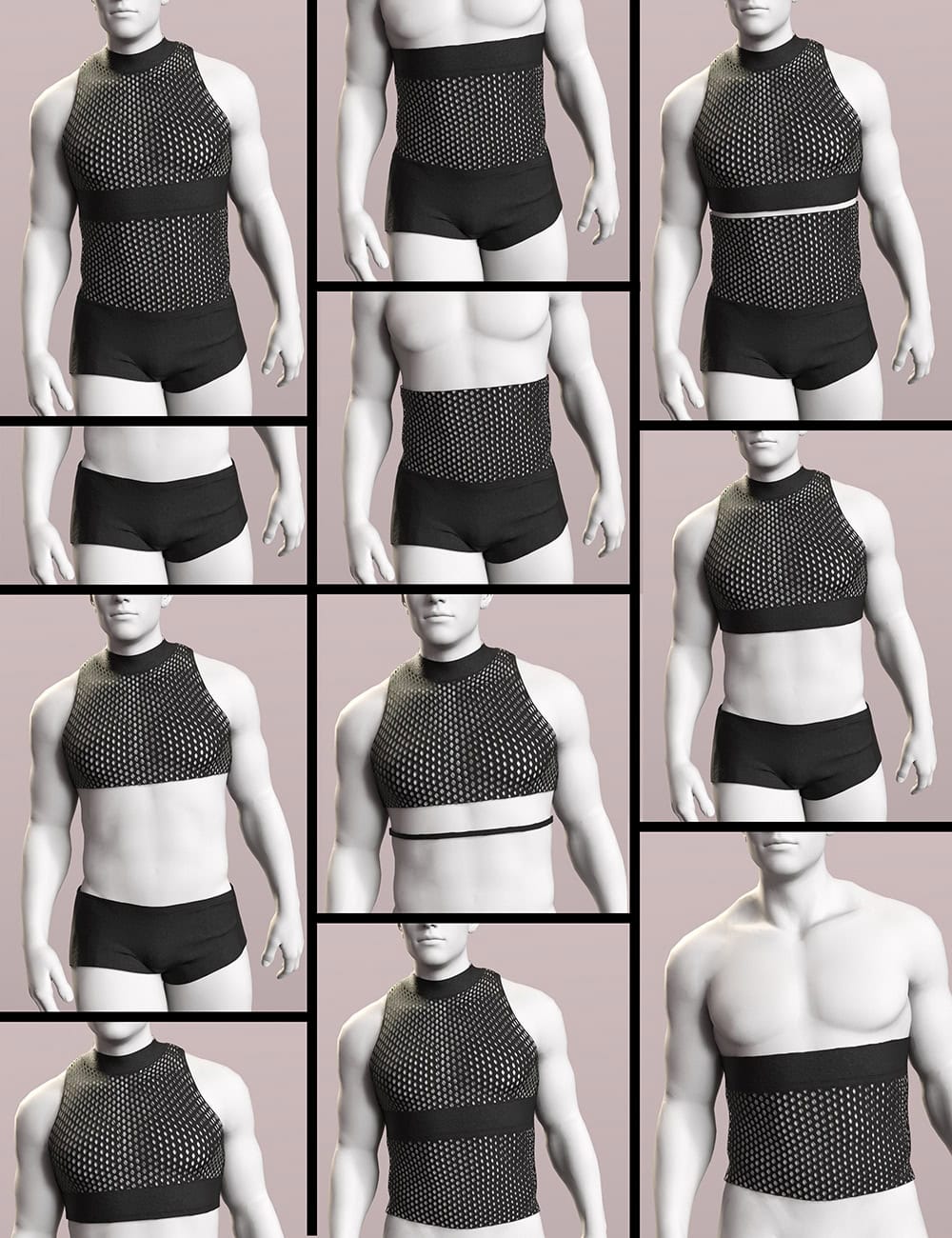Genesis 8 male model wearing black mesh basicwear in multiple Daz Studio outfit variations.