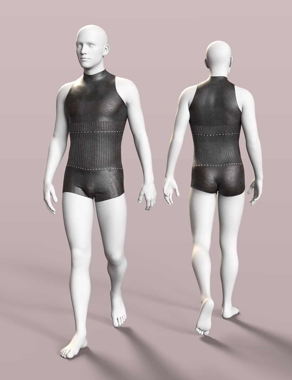 Genesis 8 male mannequin in black bodysuit, shown from front and back.