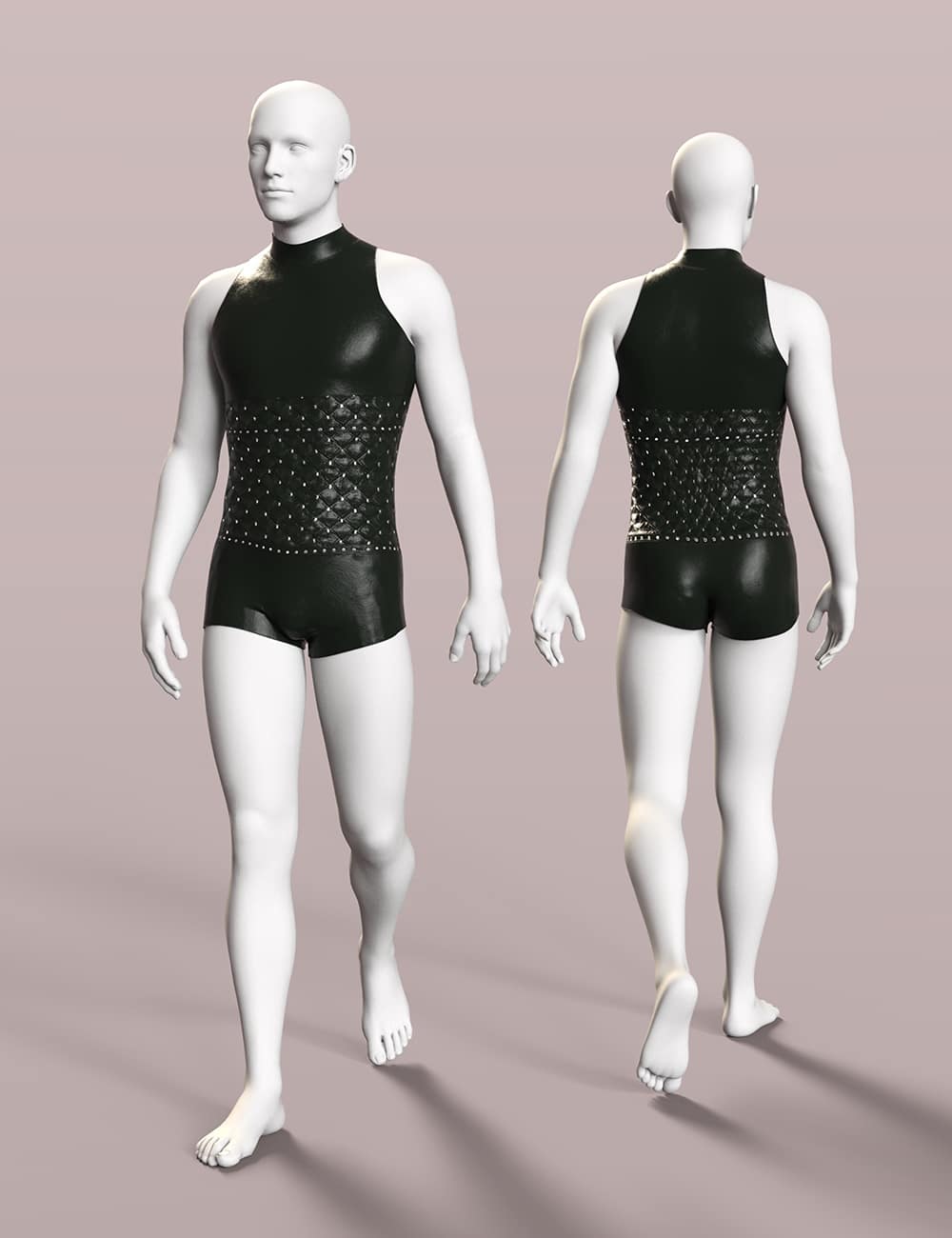 Genesis 8 male mannequins modeling a glossy black studded bodysuit in front and back views.