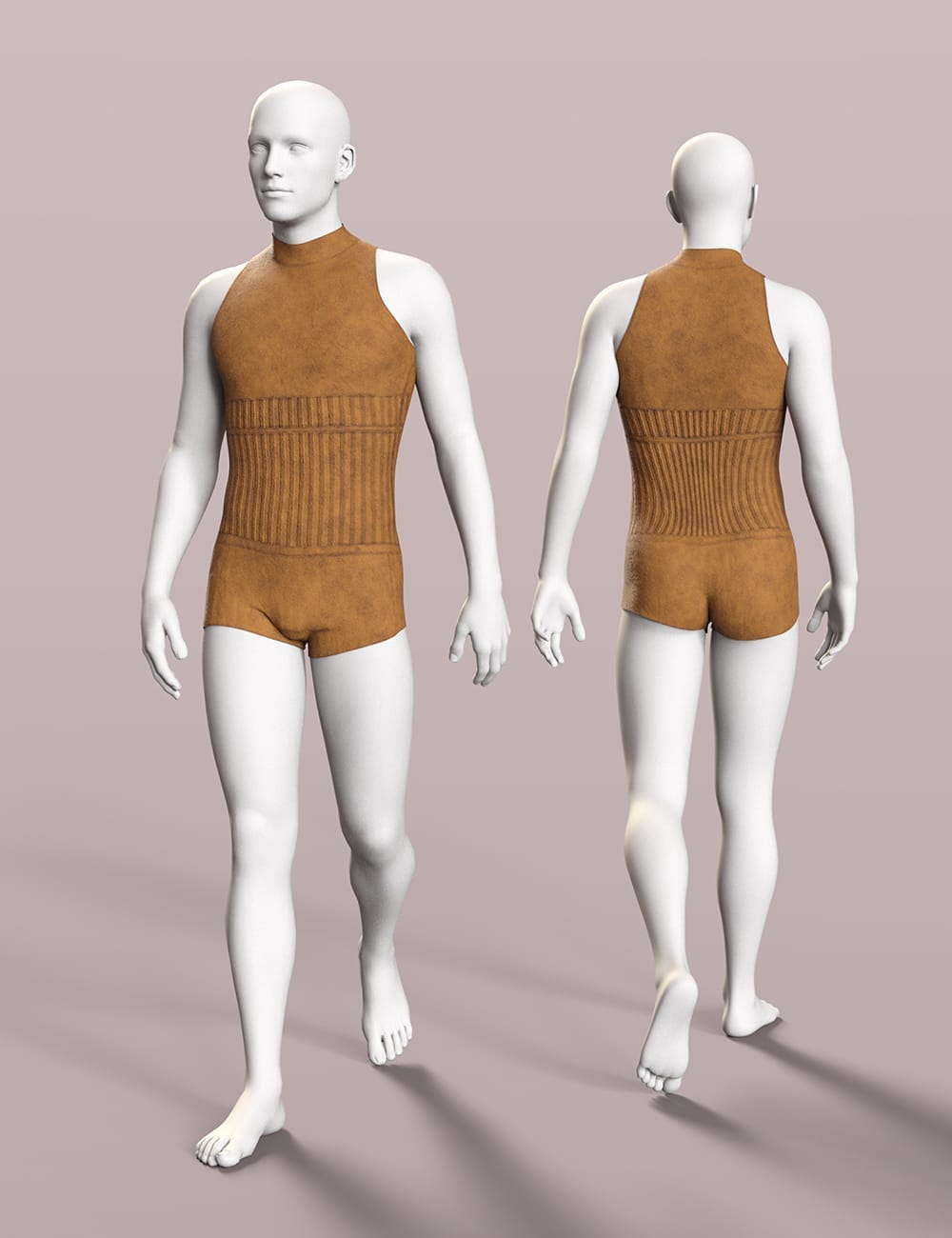 Genesis 8 male brown bodysuit with ribbed waist, shown from front and back.
