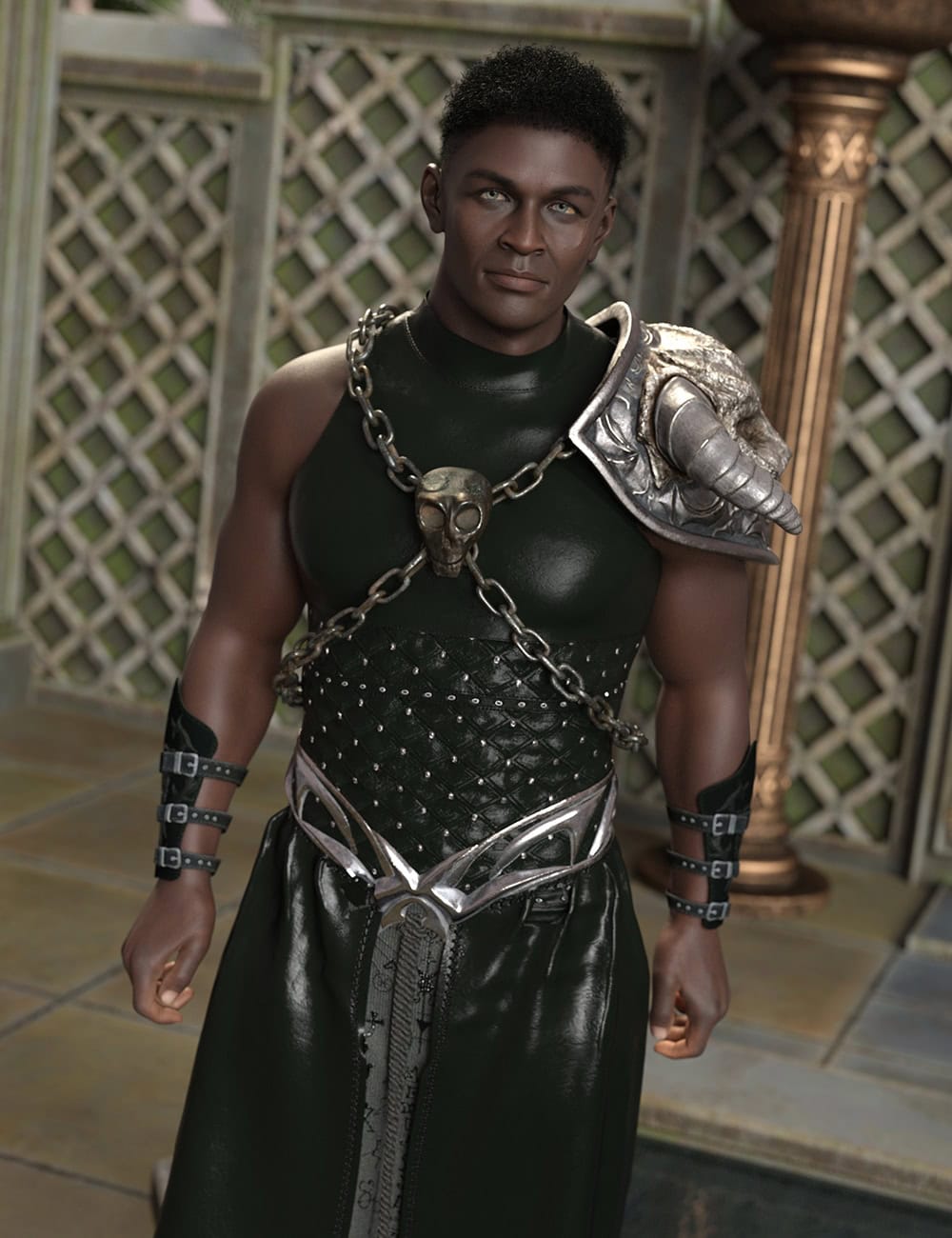 Muscular dark-skinned fantasy warrior wearing ornate silver armor in a medieval palace.