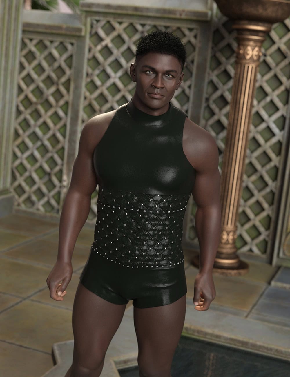 Muscular Genesis 8 Black male in sleeveless fantasy basicwear inside an ornate palace.
