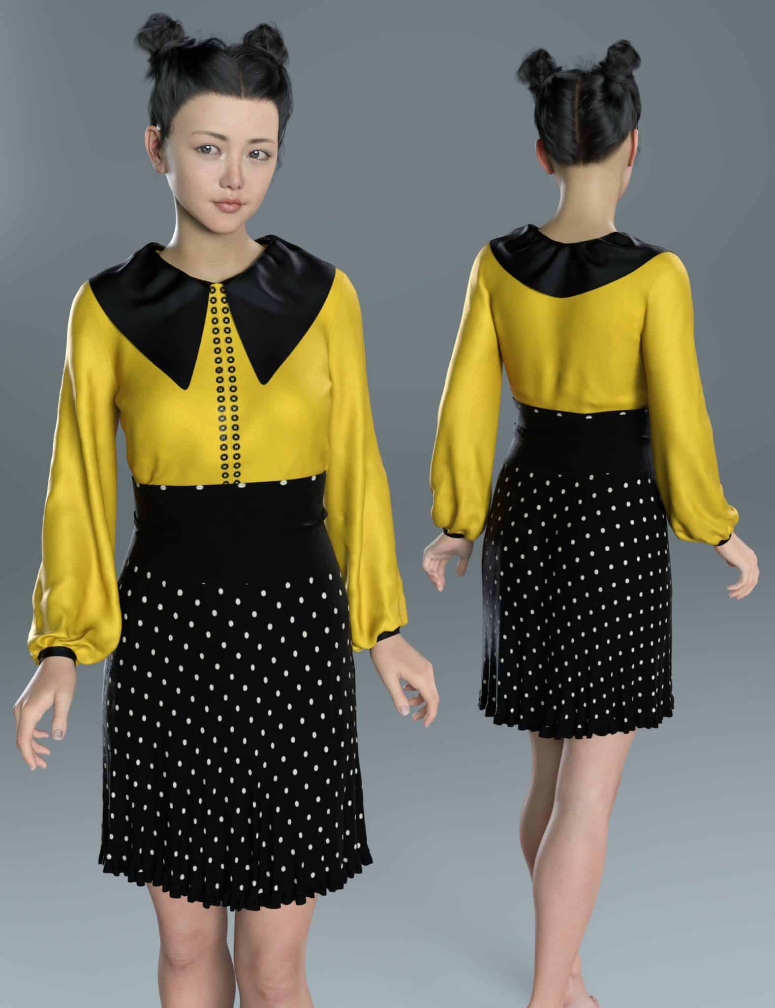 Front and back views of DAZ Genesis 8 model in a black-and-yellow sailor outfit.