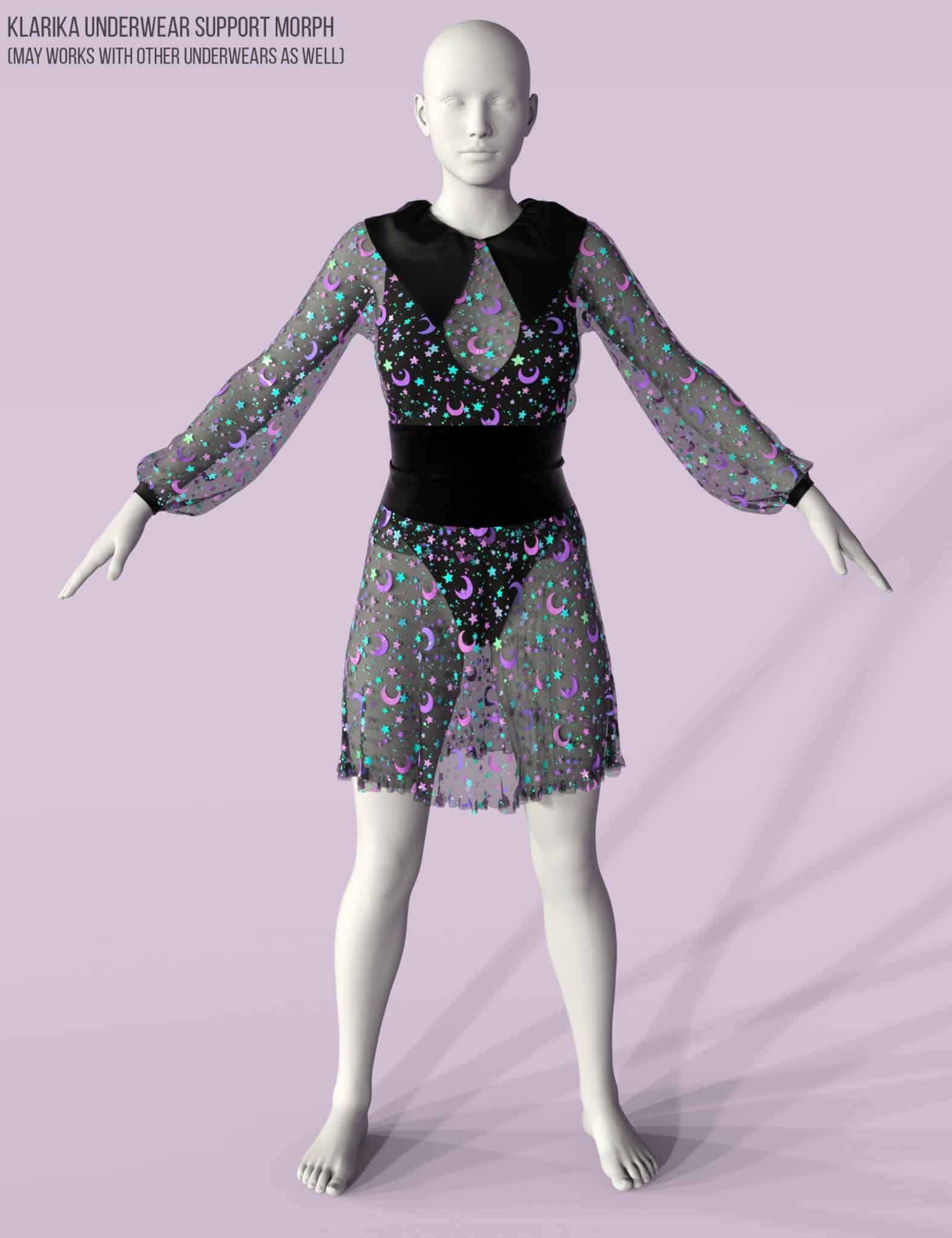 Genesis 8 mannequin in a celestial mesh DAZ outfit with black support undergarment.