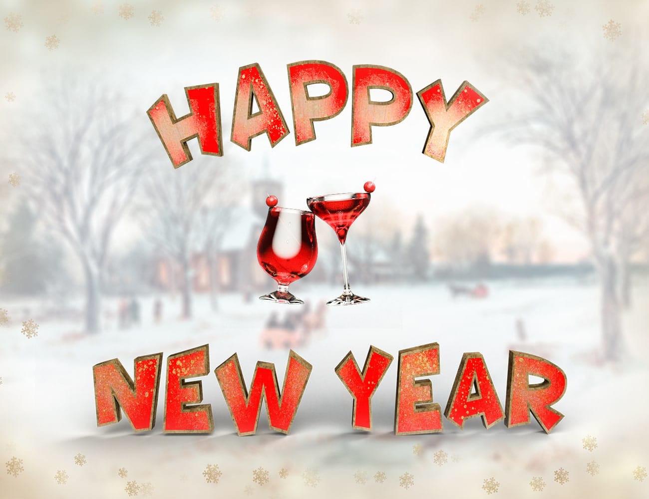 DAZ Happy New Year scene with festive red cocktails and snowy winter background.