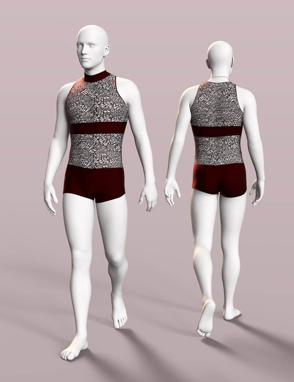 Genesis 8 male mannequins model a burgundy and silver patterned sleeveless bodysuit.