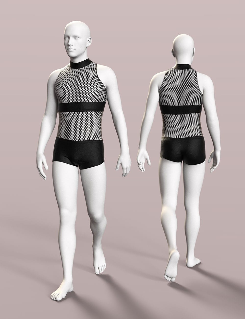 Front and back views of Jozsi Basicwear mesh top and black shorts for Genesis 8 Male.