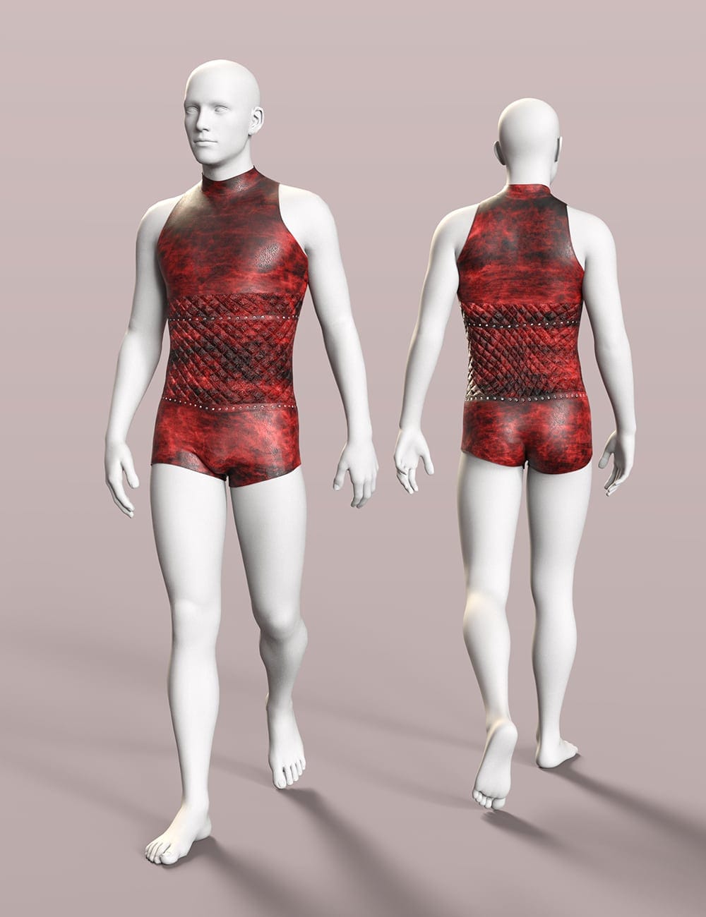 Front and back views of Jozsi red bodysuit on Genesis 8 Male mannequins.
