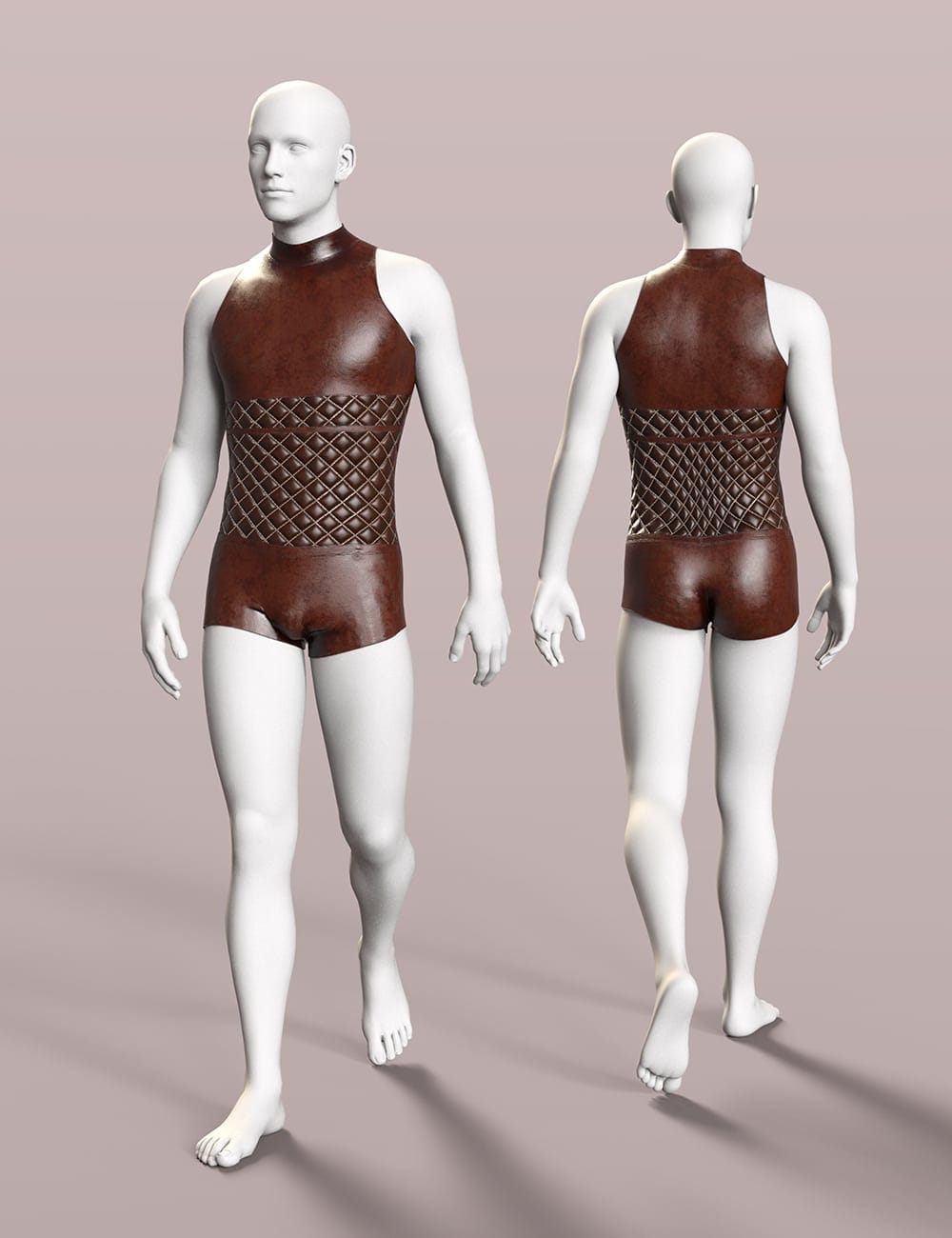 Front and back views of a male mannequin wearing a glossy brown leather bodysuit.
