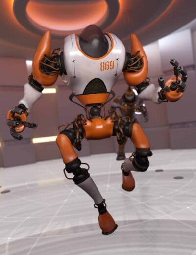 MAK 79 humanoid robot leaps through a futuristic robotics testing lab.