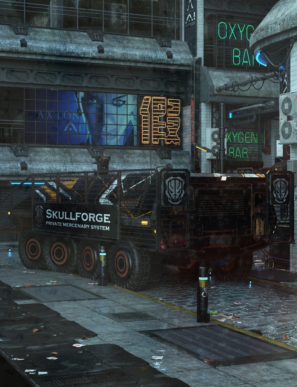 Skullforge APC vehicle on a neon-lit cyberpunk street in a Daz 3D render.