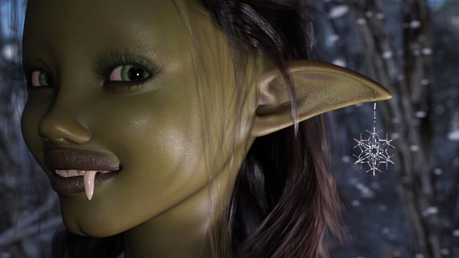 Olive-green fantasy orc woman wearing a sparkling snowflake earring in a winter forest.