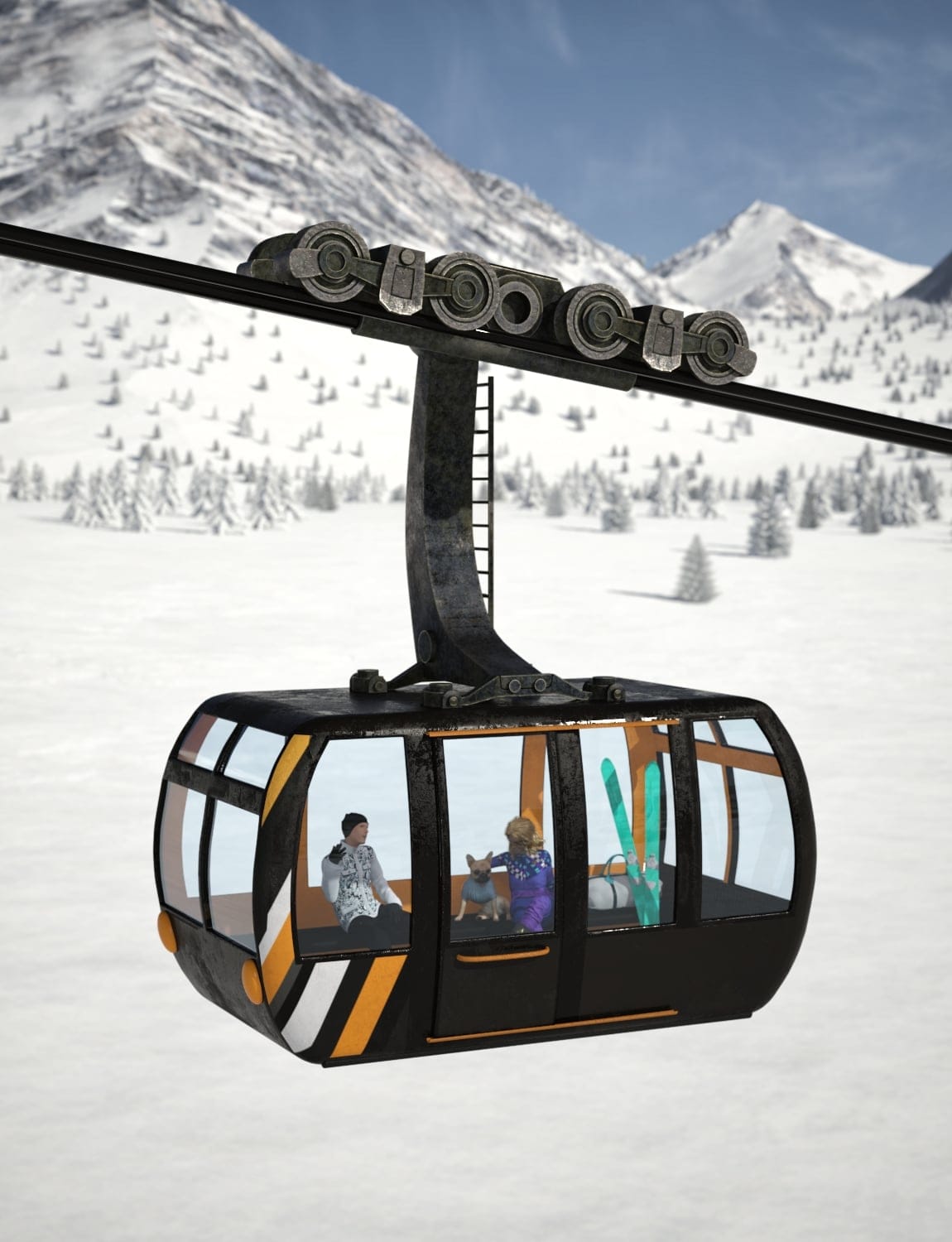 Cable Car 3 Black gondola cable car carrying skiers and a dog above a snowy Alpine valley.